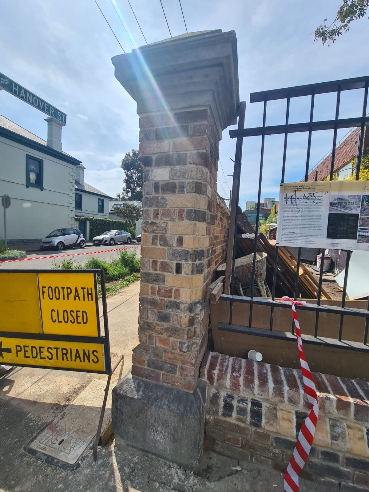 Rebuilt heritage brick pier with stone capping on Hanover Street, Fitzroy by Goodwin Bricklaying